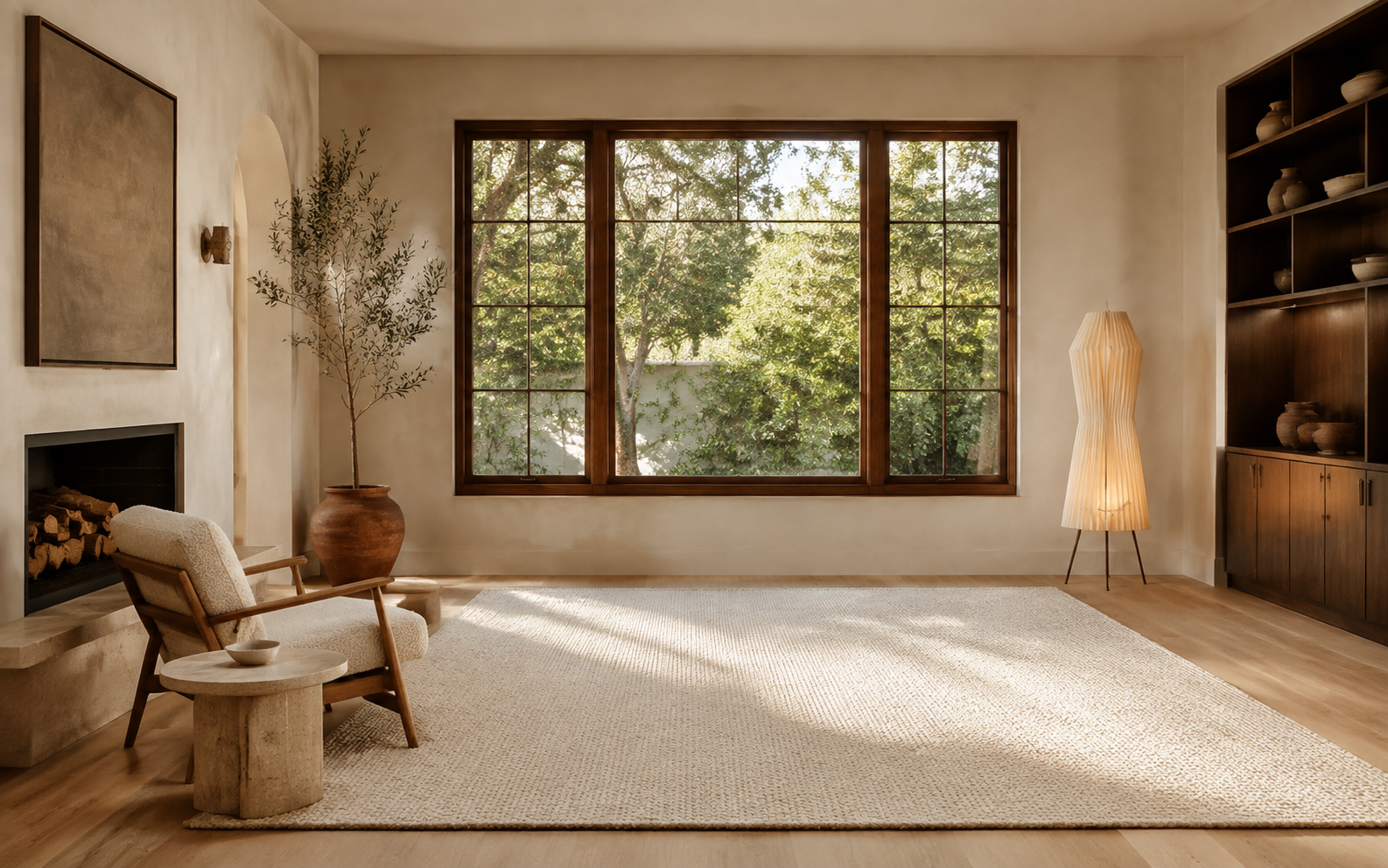 An inviting sample room with oak shelves and afternoon light